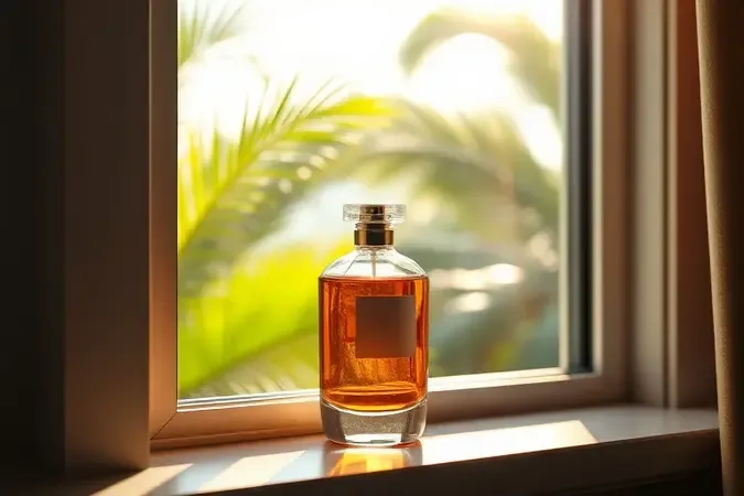 Render 3D conceitual de frasco de perfume árabe sem marca na janela com vegetação tropical ao fundo representando clima brasileiro.