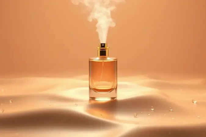 Frasco de perfume com borrifada suave sobre superfície de pele em renderização 3D conceitual de longa duração