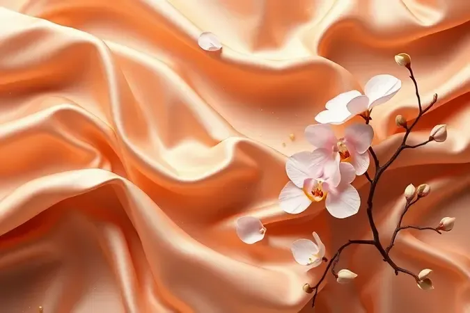 Composição conceitual representando o poder sedutor dos perfumes doces femininos com tecidos fluidos e partículas douradas.