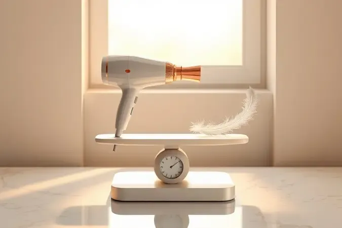 Render 3D de uma balança minimalista equilibrando um secador de cabelo elegante e uma pena simbolizando leveza e ergonomia.
