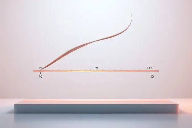 Conceito 3D da escala de pH ideal para selagem capilar com fio de cabelo posicionado na faixa ligeiramente ácida.