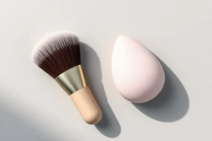 Render 3D conceitual de pincel de base e esponja beauty blender dispostos elegantemente sobre superfície fosca com iluminação profissional.