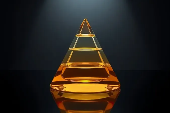 Render 3D de pirâmide de vidro com camadas de fragrância em gradiente do cítrico ao amadeirado sobre superfície escura.