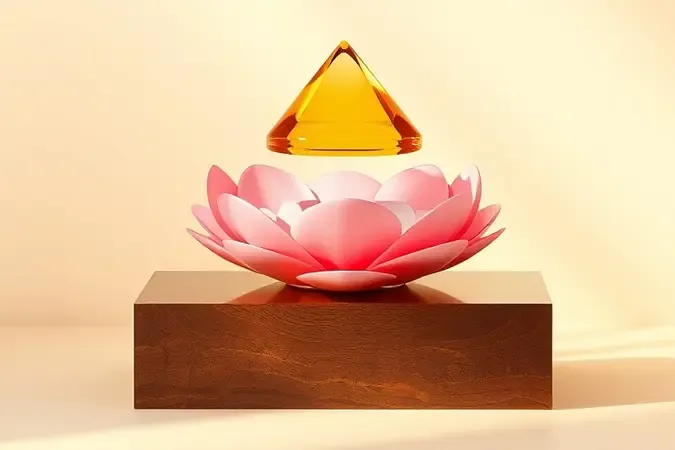Render 3D conceitual da pirâmide olfativa em camadas abstratas representando notas cítricas, florais e amadeiradas.
