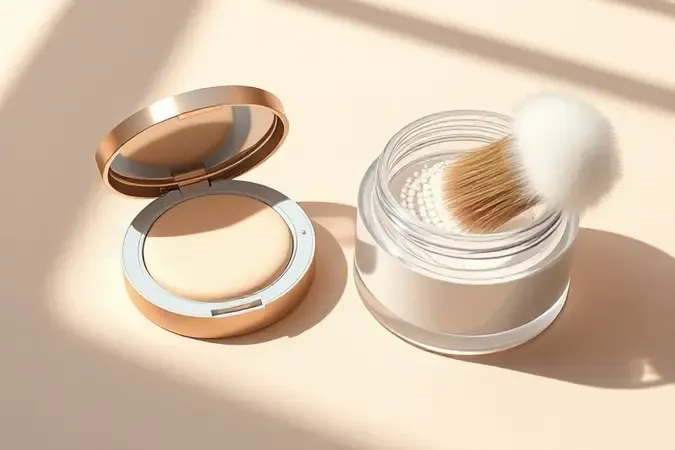 Comparação visual entre pó compacto e pó translúcido em render 3D minimalista com acessórios de aplicação