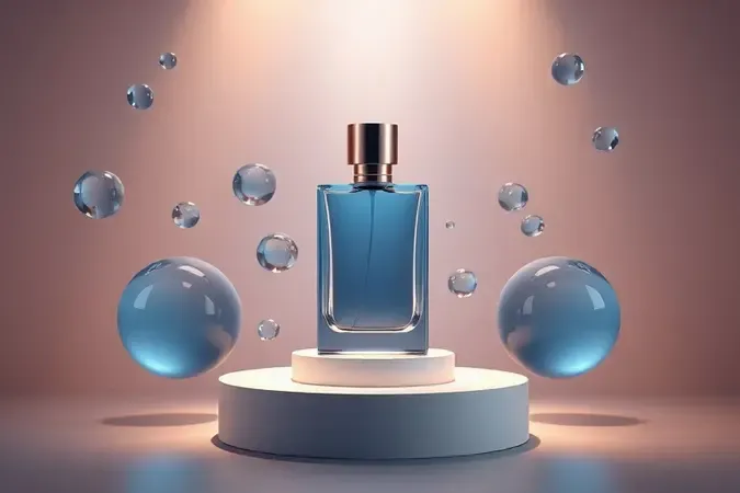 Renderização 3D de frasco de perfume masculino elegante sobre pedestal minimalista com esferas de vidro