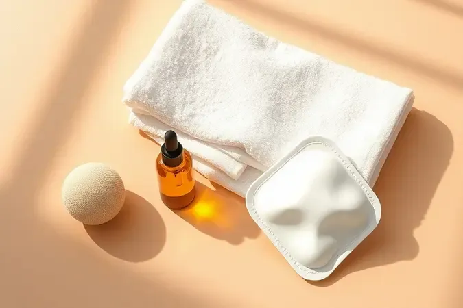 Render 3D de rotina de cuidados faciais com toalha, frasco de vidro âmbar e máscara facial para potencializar os resultados do tratamento de pele.