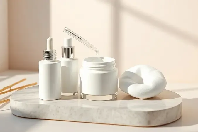 Preparação da pele madura com sérum e hidratante em cena conceitual 3D.