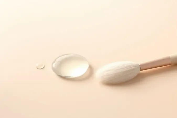 Renderização 3D conceitual de gota de primer translúcido ao lado de pincel macio para sombra, essencial para maquiagem duradoura.