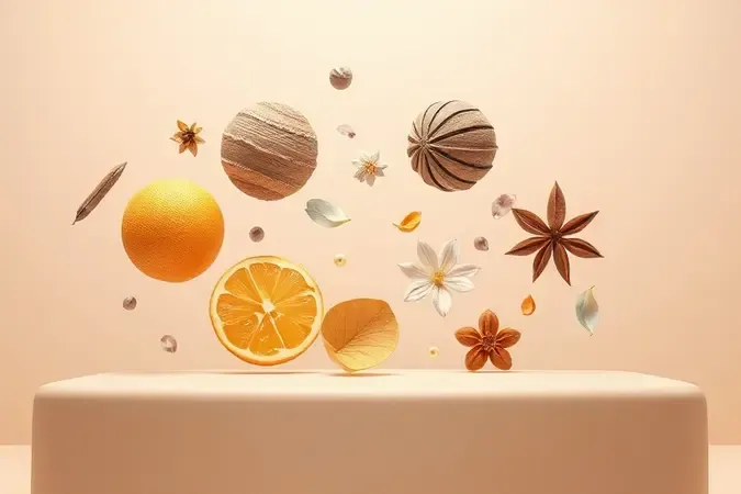 Composição abstrata de notas olfativas como cítricos, madeiras, florais e especiarias representando as principais notas de perfumes unissex.