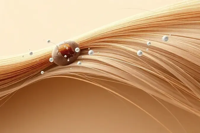 Corte transversal 3D de fio capilar mostrando a transição de danificado para saudável com proteínas preenchendo fissuras.
