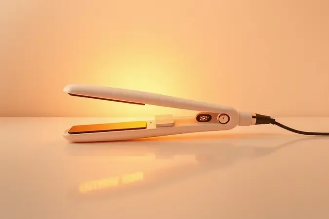 Render conceitual minimalista de chapinha com display de temperatura e aura protetora, simbolizando proteção térmica e cuidado com os cabelos.