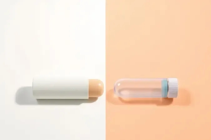 Comparação visual em 3D entre protetor labial físico mineral e químico em composição simétrica dividida