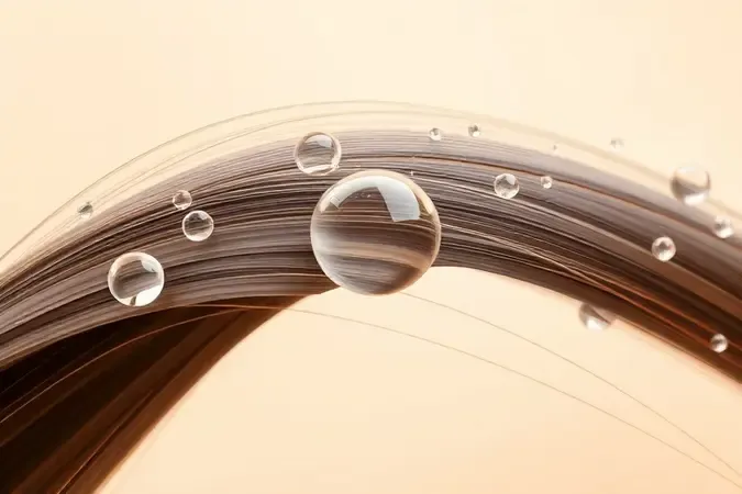 Fio de cabelo saudável envolto por gotas translúcidas de queratina em renderização 3D