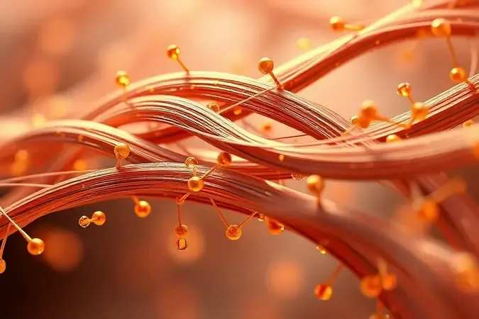 Visualização 3D molecular de proteínas de queratina se ligando à superfície dos fios capilares durante a reconstrução.