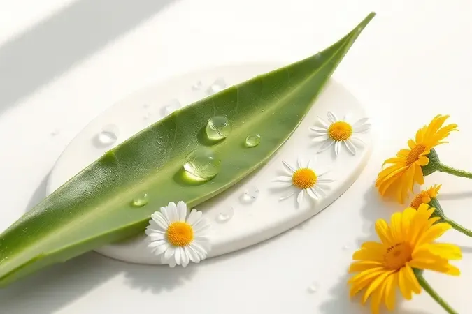 Render 3D conceitual com aloe vera, camomila e calêndula representando cuidados com a pele
