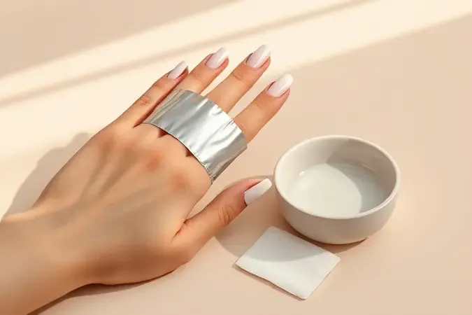 Técnica de remoção soak-off de esmalte em gel com algodão e papel alumínio em render 3D conceitual.