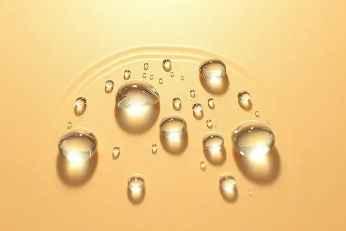 Gotas de água cristalinas sobre superfície dourada em render 3D representando resistência à água de bronzeadores