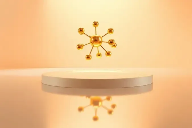 Renderização 3D conceitual de estrutura molecular dourada representando a ação renovadora do retinol na pele.