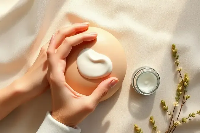 Mãos aplicando suavemente creme antiestrias na pele em rotina de cuidados diários