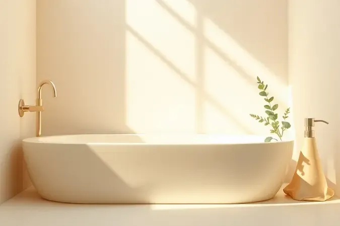 Composição 3D de rotina de cuidados com a pele em tons creme e verde suave com iluminação natural.