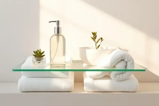 Composição 3D minimalista de rotina de skincare matinal com toalhas brancas, frasco de vidro neutro e planta suculenta em luz solar suave.
