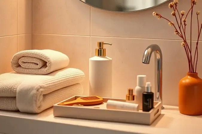 Rotina de cuidados com shampoo para cabelo liso em bancada de banheiro com toalhas, pente de madeira e frasco minimalista.