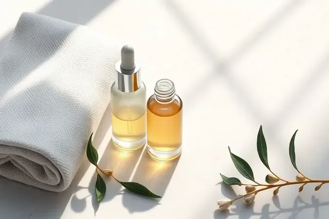 Rotina diária de skincare com sérum sem rótulo e toalha em render 3D