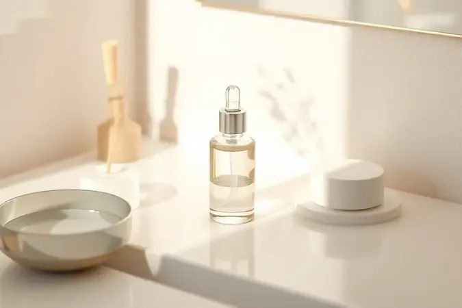 Renderização 3D de rotina diária de skincare com frasco de sérum elegante em superfície clean sob luz natural suave.