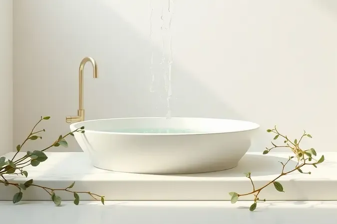 Render 3D de rotina de lavagem capilar com água cristalina e elementos botânicos suaves em ambiente minimalista e equilibrado.