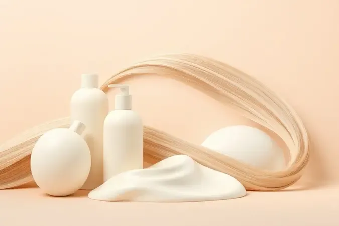 Render 3D conceitual de rotina de lavagem capilar com produtos abstratos e fios sedosos