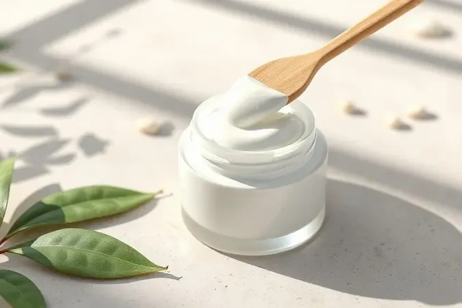 Render 3D de rotina de skincare com creme em frasco branco e espátula sobre superfície neutra