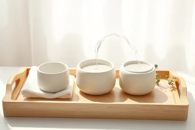 Bandeja minimalista com frascos cerâmicos e elementos de rotina skincare em render 3D com atmosfera serena e iluminação natural.