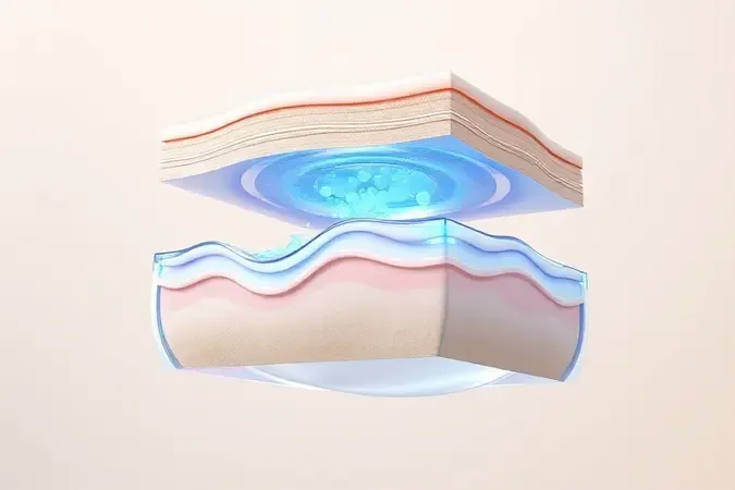 Render 3D de camadas de pele com hidratação profunda e moléculas suaves em tons neutros e azuis