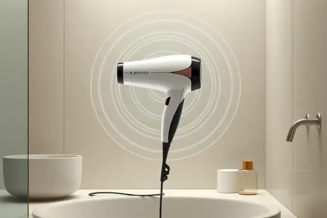 Secador de cabelo silencioso com ondas sonoras suaves em render 3D minimalista.