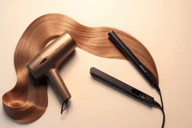 Secador e chapinha minimalistas ao lado de fios de cabelo lisos e sedosos