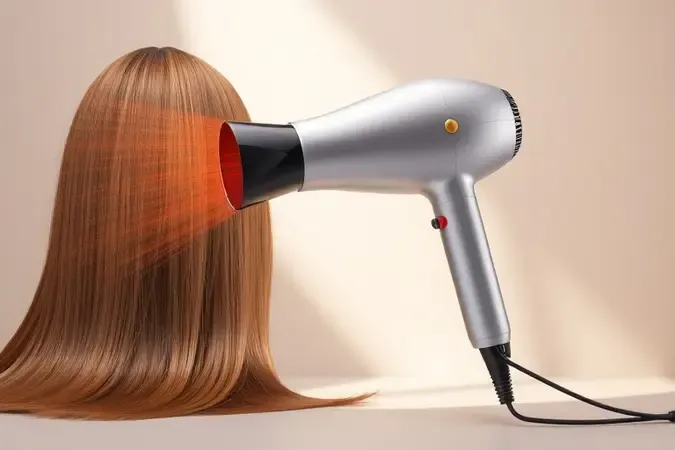Secador 3D com fluxo de ar suave sobre fios de cabelo saudáveis