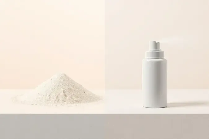 Comparação conceitual entre shampoo a seco em pó e spray em render 3D minimalista