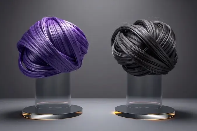 Render 3D comparando fios de cabelo lisos e saudáveis com fios ásperos e opacos em pedestais de vidro