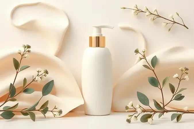 Render 3D conceitual de frasco dermocosmético elegante com textura cremosa e tons naturais
