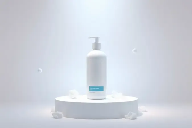 Render 3D conceitual de shampoo medicinal genérico com espuma e fundo clínico limpo