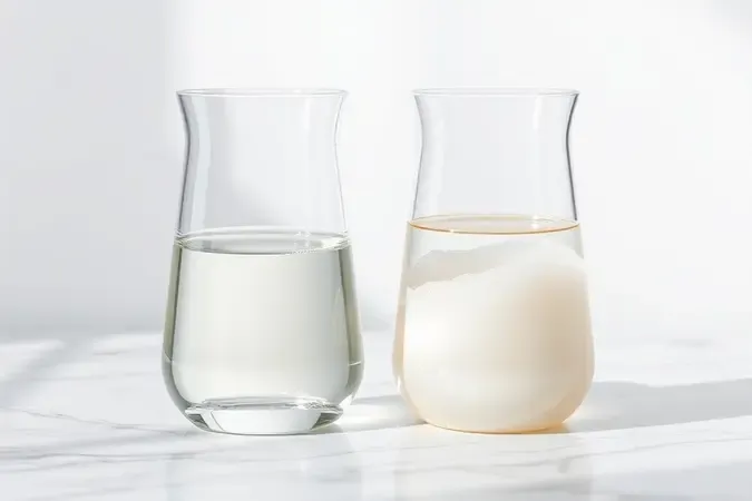 Render 3D comparando shampoo transparente tipo gel e shampoo perolado cremoso lado a lado em frascos de vidro minimalistas.