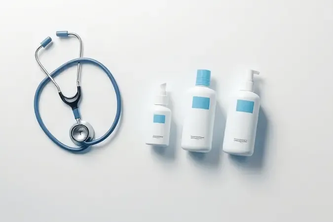 Render 3D conceitual de elementos médicos e produtos capilares sem marca representando avaliação médica para queda de cabelo