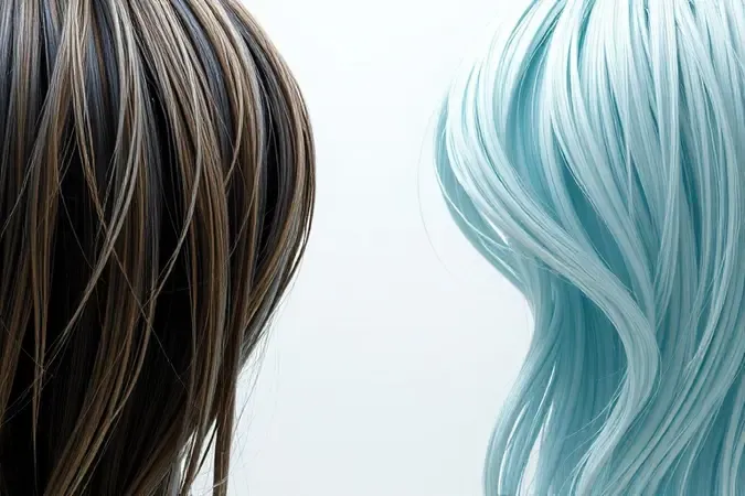 Render 3D comparando fios de cabelo opacos com resíduos e fios limpos e brilhantes após limpeza profunda