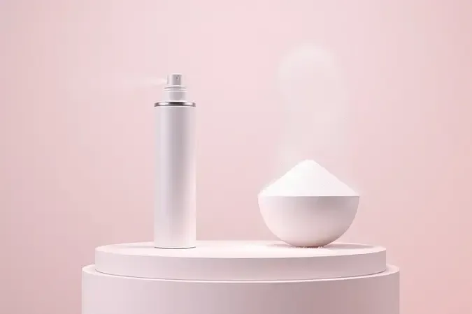 Comparativo 3D entre spray e pó de desodorante íntimo feminino em superfície limpa.