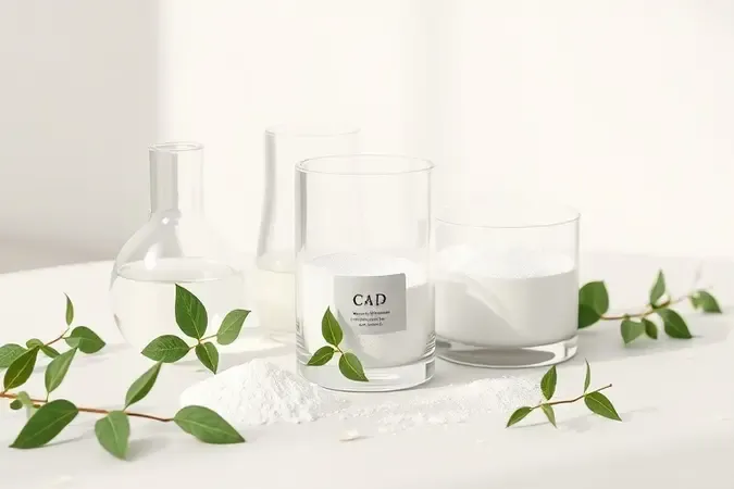 Substâncias naturais e vidraria minimalista em render 3D conceitual sobre superfície limpa