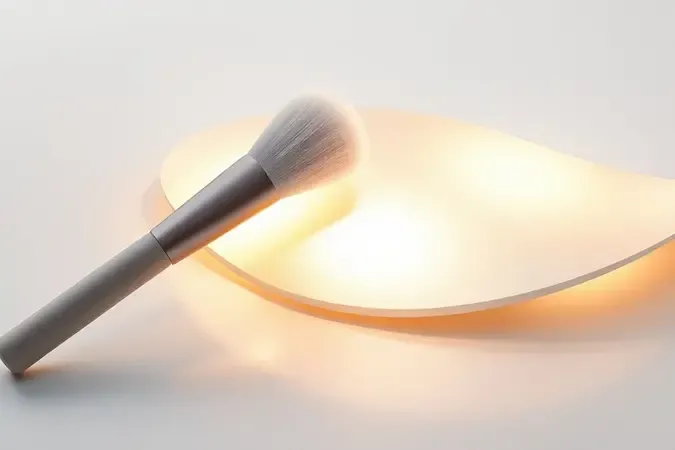 Render 3D de pincel minimalista sem marca próximo a superfície curva luminosa ilustrando técnicas de aplicação de iluminador
