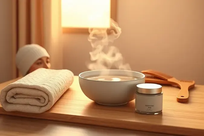 Render 3D de kit caseiro para hidratação capilar com vapor, toalha, touca térmica e pente de madeira.
