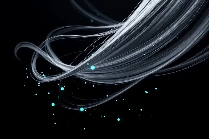 Render 3D conceitual mostrando partículas azuis representando íons negativos interagindo com fios de cabelo sedosos e brilhantes em close-up.