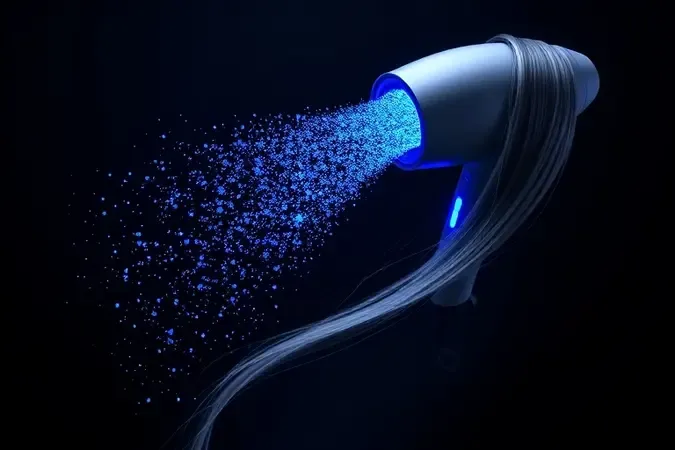Render 3D conceitual de tecnologia iônica com secador emitindo partículas azuis luminosas sobre fios de cabelo em fundo escuro